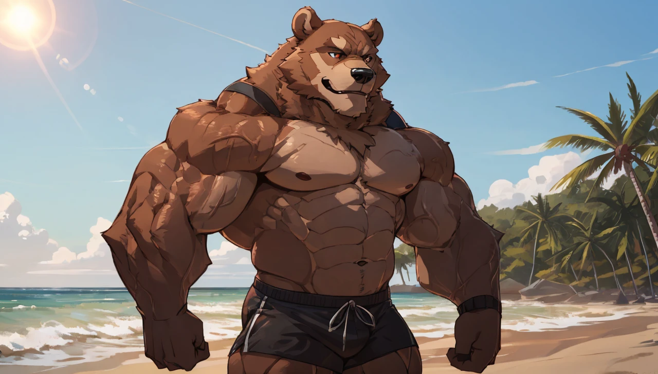 solo, 2boys, beach, size different, extremely huge muscular, massive muscular, grizzly bear, full-body, well-muscled, being shirtless in a black swim trunk shorts and black wristbands in beach. Flexing the whole body. Doing the MOST MUSCULAR POSE. Super strong. ((extremely muscle size, super thick arms, huge back, thick brown fur, extremely wide back and shoulder, powerful body, huge arms, veiny)). and add details to make it attractive and interesting. Added eyes. Add textures and details to make the image more realistic, such as the appearance of the body-built texture and the appearance of the fur. Make sure the resulting image is high resolution, 8K quality.", simple background, masterpiece, high detailed, 8k, high resolution