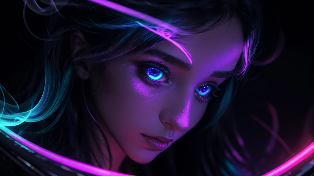 a beautiful woman that's glowing in the dark, walking in wonderland neon colors, high detail, long shot, wide shot, 4K, 3D, REALISTIC, (iridescent glow smoke), UHD, 32K, very bold neon colors, black light, neon light