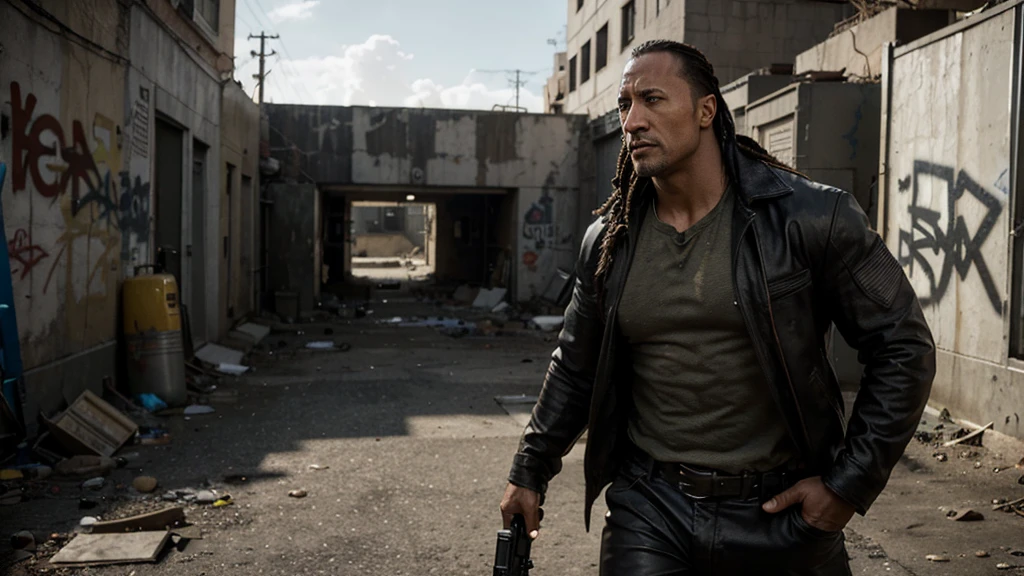 Actor Dwayne Johnson with shoulder-length dreadlocks, wearing a rugged leather jacket and tactical pants, is standing in a dynamic pose. He is carrying a modern long-barreled rifle with a scope, looking determined and focused. The background is a gritty urban setting with graffiti on the walls and debris scattered around, suggesting a post-apocalyptic or intense action scene. The lighting is dramatic, with shadows highlighting his muscular build and intense expression.