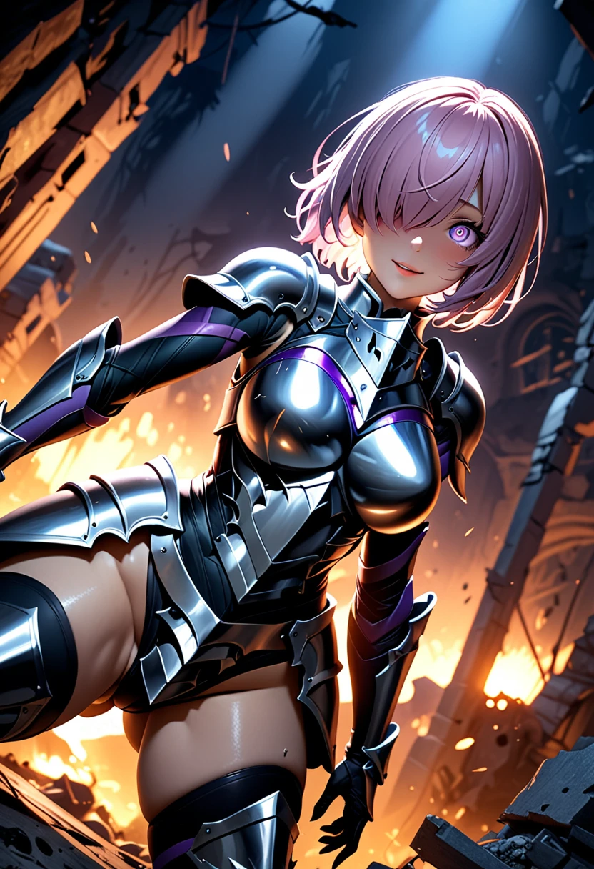 (masterpiece, top quality, best quality, beautiful and aesthetic:1.2), full body, extremely detailed, detailed face and eyes, cinematic light, depth of field, 1girl, seducing smile, solo, official, (armored knight:1.4), dark armor, mash kyrielight, light purple hair, short hair, hair over one eye, slim body, cinematic lighting, dramatic lighting, dramatic atmosphere, hyper-realistic, high resolution, stunning contrast, high quality, best quality, 8k, 4k, intricately detailed, (amazing details:1.2), highly detailed skin, powerful presence, vibrant colors, (detailed eyes:1.2), striking eyes, (detailed background), (warzone on background, night, ruins), (dynamic angle:1.2), (dynamic pose:1.2)