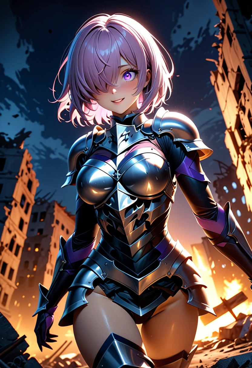 (masterpiece, top quality, best quality, beautiful and aesthetic:1.2), full body, extremely detailed, detailed face and eyes, cinematic light, depth of field, 1girl, seducing smile, solo, official, (armored knight:1.4), dark armor, mash kyrielight, light purple hair, short hair, hair over one eye, slim body, cinematic lighting, dramatic lighting, dramatic atmosphere, hyper-realistic, high resolution, stunning contrast, high quality, best quality, 8k, 4k, intricately detailed, (amazing details:1.2), highly detailed skin, powerful presence, vibrant colors, (detailed eyes:1.2), striking eyes, (detailed background), (warzone on background, night, ruins), (dynamic angle:1.2), (dynamic pose:1.2)