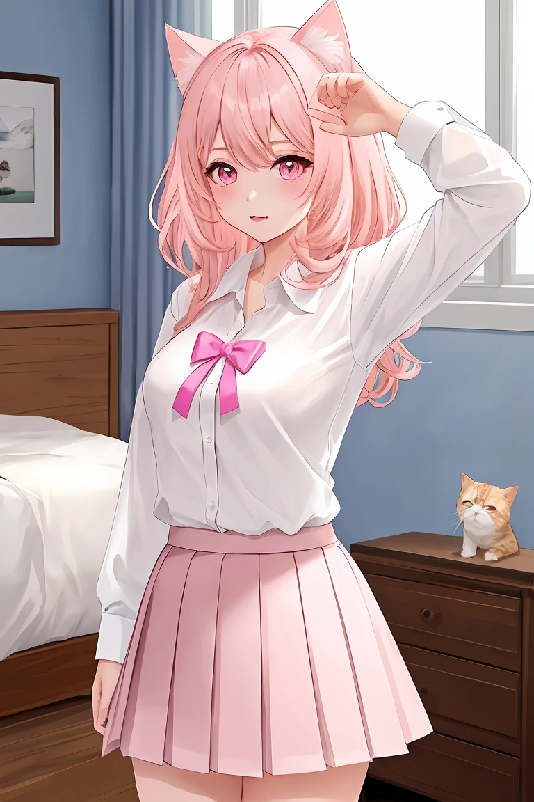 score_9,score_8_up,score_7_up,masterpiece, top quality, best quality, official art, beautiful and aesthetic, animation, , 1girl with cat ear, perfect figure, pink hair, complicated details, bedroom, morning, sunny, play, (white shirt, pink pleated skirt:1.5), cat ear girl, coquetry around the circle ,