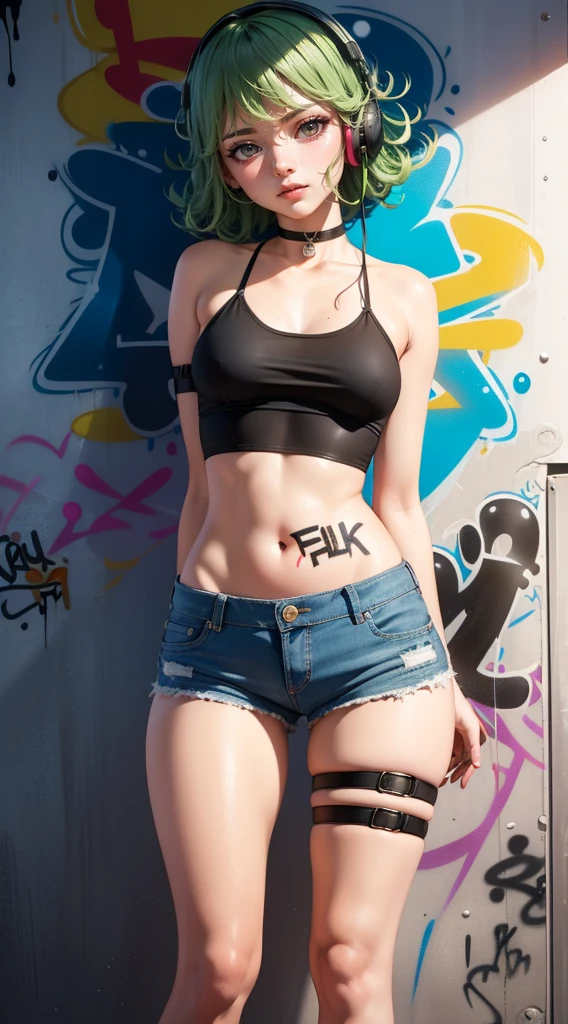 masterpiece, best quality, (extremely detailed CG unity 8k wallpaper, masterpiece, best quality, ultra-detailed, masterpiece, best quality, 1girl, solo, crop top, denim shorts, choker, (graffiti:1.5), paint splatter, arms behind back, against wall, looking at viewer, armband, thigh strap, paint on body, head tilt, bored, multicolored hair, aqua eyes, headset, Tatsumaki,
