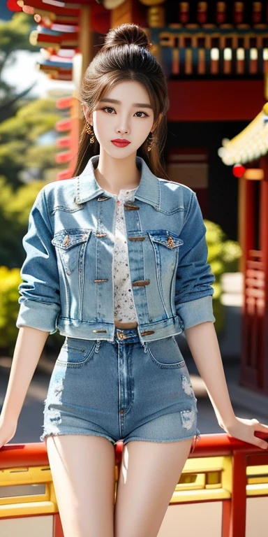 Close-up of woman in fashionable short jeans jacket., Gorgeous Chinese model, Hot with bright sunlight, beautiful asian girl, asian womanที่สวยงาม, beautiful female model, beautiful young woman, beautiful female model, beautiful south korean women, Beautiful Asian face, Chinese girl, beautiful woman, German Bokeh Art 8k, asian woman, Chinese woman