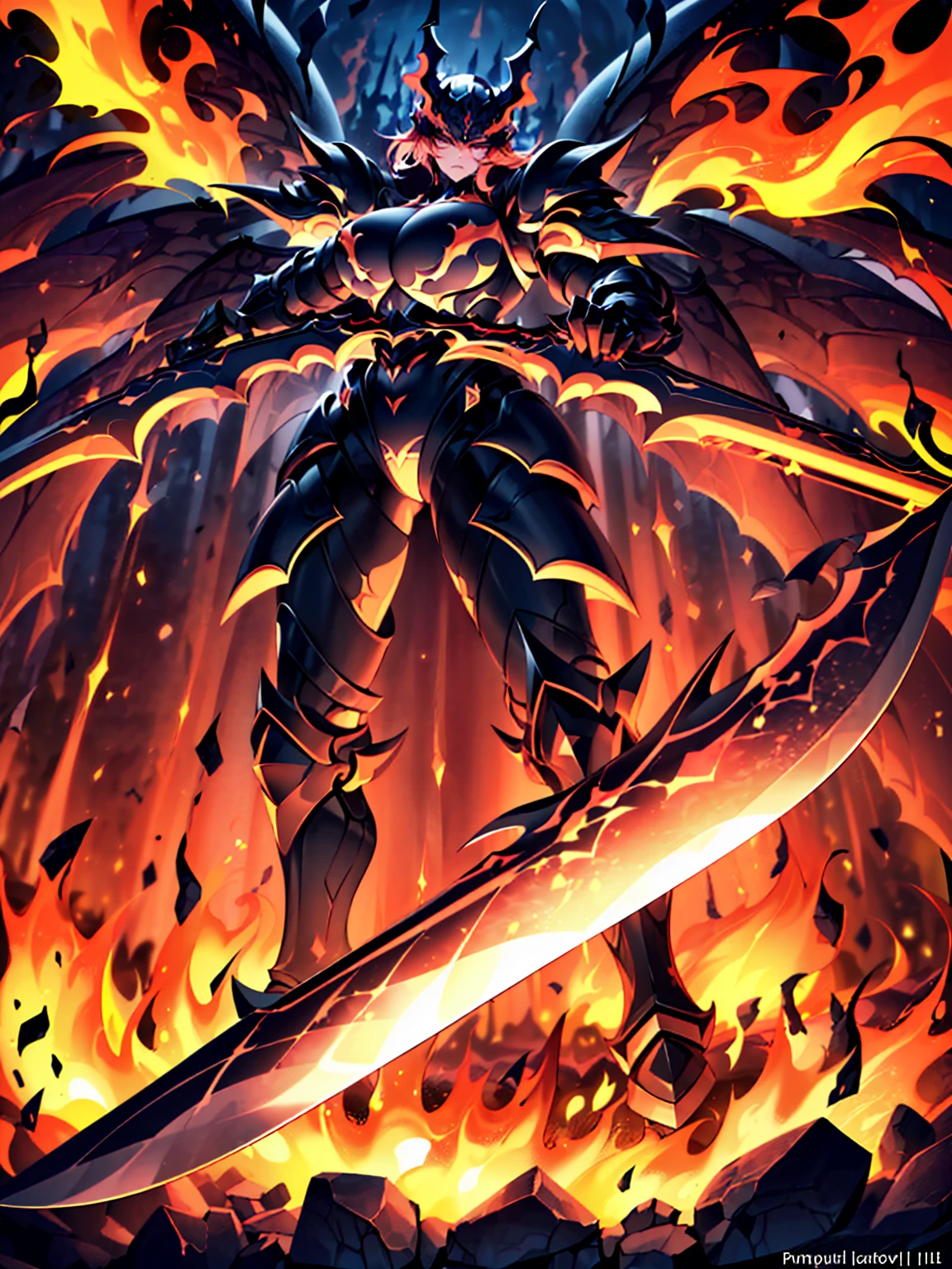(((masterpiece, best quality, high detailed, 8k))) Design a layout showcase Gaming character, (1girl). Black+Crimson dark armor, stylish and unique. ((weapon:1.4)), cursed sword. (masterpiece:1.2), (best quality), 4k, ultra-detailed. (luminous lighting, atmospheric lighting). dark warrior, ((six wings of shadow and fire)), ((glove full hands)), (((revealing clothes:1.3))), vambraces, armored legwear, (((full_body_shot:1.4))). {In an infernal realm}.
(((extremely imposing presence, black flames, super strong, incredibly beautiful with dark armor))).