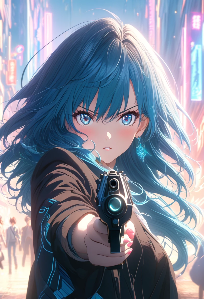 Anime girl with a gun in her hand and blue hair., anime rudo 8k, best anime wallpaper 4k konachan, 4K anime style, 4k anime wallpaper, mikudayo, cyan ray, female action anime girl, 4k anime wallpaper, 4k anime wallpaper, anime girl with teal hair, anime art wallpaper 4k
