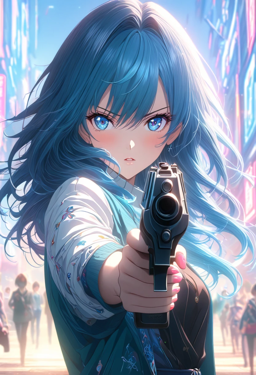 Anime girl with a gun in her hand and blue hair., anime rudo 8k, best anime wallpaper 4k konachan, 4K anime style, 4k anime wallpaper, mikudayo, cyan ray, female action anime girl, 4k anime wallpaper, 4k anime wallpaper, anime girl with teal hair, anime art wallpaper 4k
