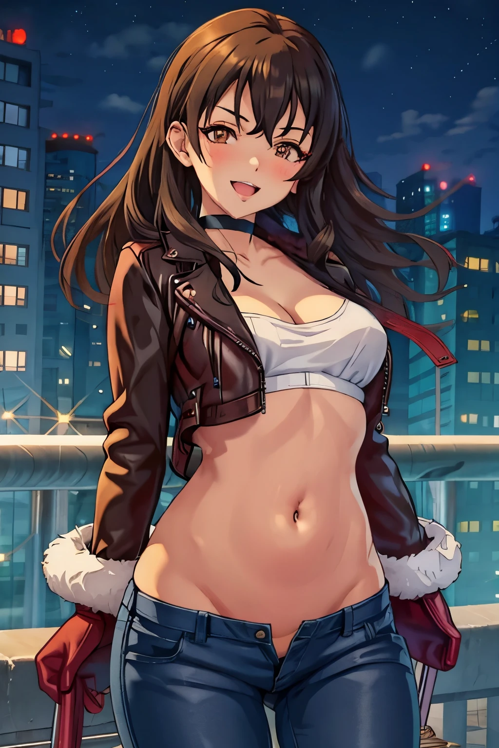  1girl,  ((brown eyes:1.3)), black_hair, large breasts, choker, blush, lipstick, outdoors, rooftop, cityscape, building, railing, night, night sky, scenery, city lights, Fur trim, mature female, gloves, fur-trimmed coat, masterpiece, best quality, highly detailed, a girls with a gun, evil smile , open mouth, sexy gaze, badass pose , evil smile, smile, (nsfw) not safe for work, guns blazing, anime girl with long hair, beautiful long haired girl, navel, evil expression, exposed belly, exposed navel, exposed midriff, exposed lower belly, long black pants, crop top, cleavage, unbuttoned leather pants ,open fly, low rise black leather pants, leather jacket, holding a gun, navel piercing