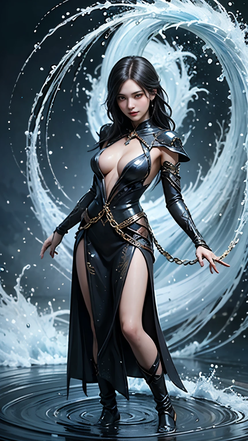 A beautiful demon magician who evokes water and casts water spells.,Standing and watching the audience, various water chains around her,(((finely detailed perfect face))),A light smile, Beautiful Face, Captivating body,Tall body, Mature Body, break water aura, Gun, Water Balls , the flow of water through her body, floating with the movement of her hands, The blue transparent water spray is dazzling, Water phoenix flying in the background, enough pure water on the ground to cover her feet, Water Bender, Floating Water, water flows freely through the air,sexy body BREAK,detailed,Realistic,4K の非常にdetailedなデジタルアート,Octane Rendering, Bioluminescent, BREAK 8K resolution concept art, realism,Mappa Studio,masterpiece,Highest quality,Official Art,figure,Clear lines,(nice_color),Perfect composition,Absurd, Fantasy,Concentration