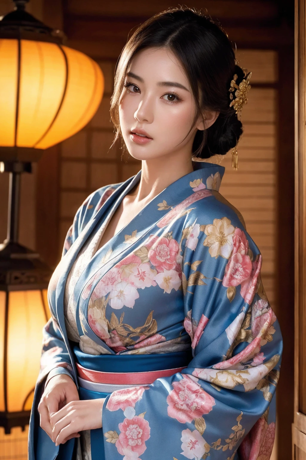 big breasted japanese woman in elaborate kimono, ornate shrine, cinematic atmosphere, (best quality,4k,8k,highres,masterpiece:1.2),ultra-detailed,(realistic,photorealistic,photo-realistic:1.37),(looking at viewer),highly detailed face,beautiful detailed eyes,beautiful detailed lips,extremely detailed eyes and face,long eyelashes,intricate kimono design,ornate shrine background,warm lighting,dramatic shadows,vibrant colors,photorealistic