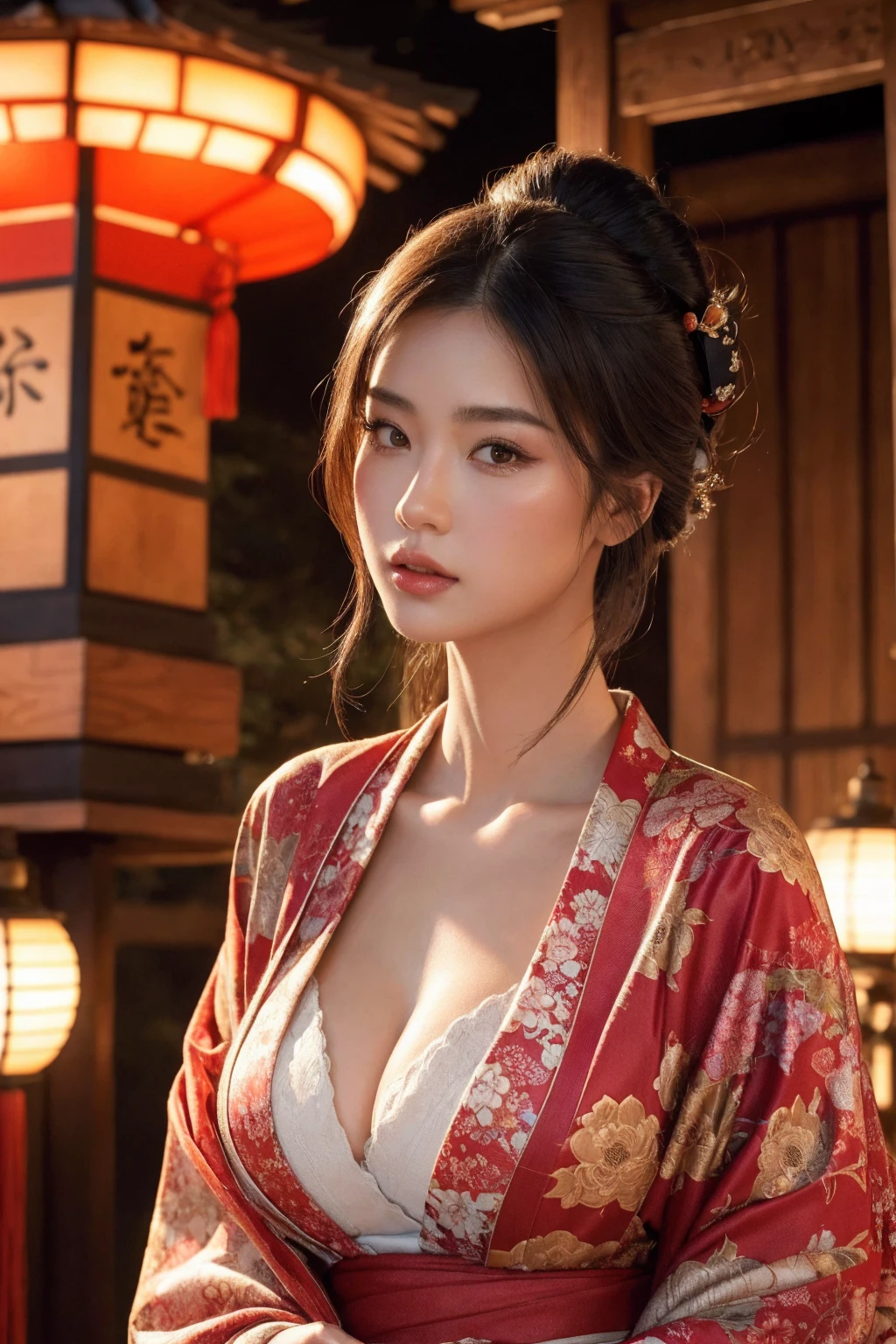 big breasted japanese woman in elaborate kimono, ornate shrine, cinematic atmosphere, (best quality,4k,8k,highres,masterpiece:1.2),ultra-detailed,(realistic,photorealistic,photo-realistic:1.37),(looking at viewer),highly detailed face,beautiful detailed eyes,beautiful detailed lips,extremely detailed eyes and face,long eyelashes,intricate kimono design,ornate shrine background,warm lighting,dramatic shadows,vibrant colors,photorealistic