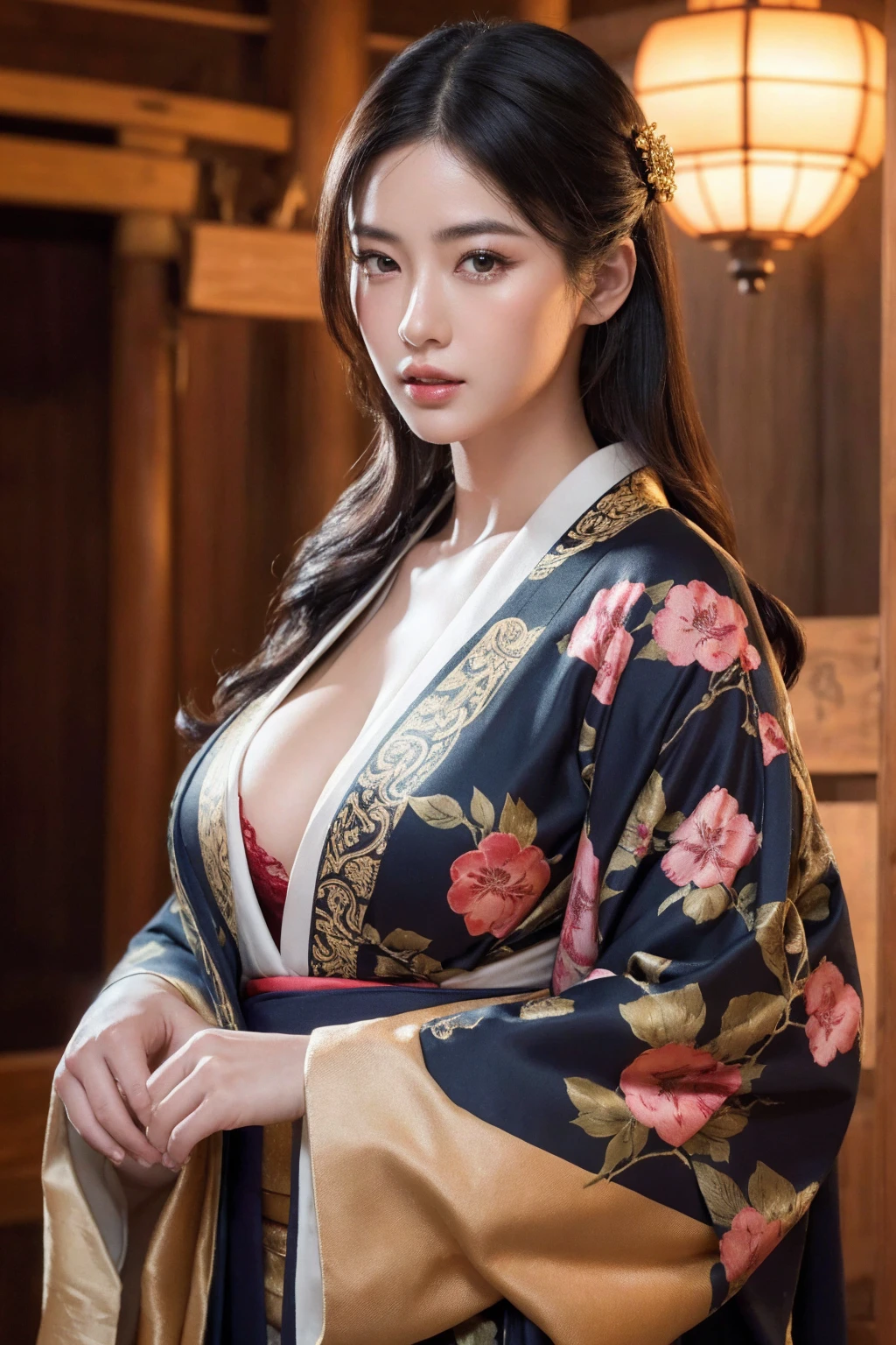 big breasted japanese woman in elaborate kimono, ornate shrine, cinematic atmosphere, (best quality,4k,8k,highres,masterpiece:1.2),ultra-detailed,(realistic,photorealistic,photo-realistic:1.37),(looking at viewer),highly detailed face,beautiful detailed eyes,beautiful detailed lips,extremely detailed eyes and face,long eyelashes,intricate kimono design,ornate shrine background,warm lighting,dramatic shadows,vibrant colors,photorealistic