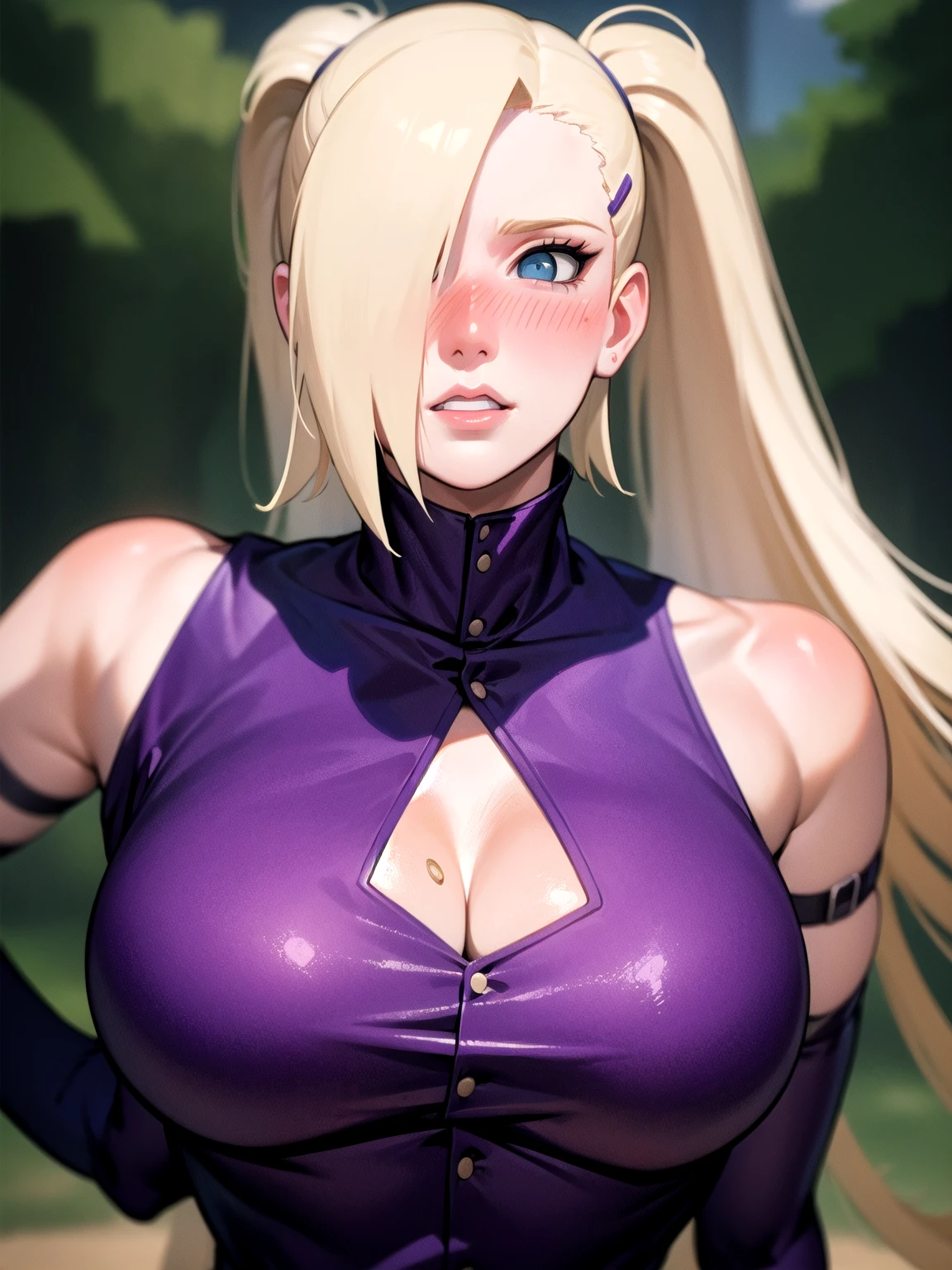 {-erro_de_anatomia:1.0} estilo anime, Masterpiece, absurdities, Yamanaka Ino\(Naruto\), 1girl Solo, woman, Perfect composition, Detailed lips, Beautiful face, body proportion, Blush, Long blonde hair, blue eyes, purple blouse, purple pant, Soft gauze, Super realistic, Detailed, photo shoot, Realistic faces and bodies, masterpiece, best quality, best illustration, hyper detailed, 1 woman, solo, glamorous, blushing, upper body, fighting, on nature, look at the view, dimanic poses
