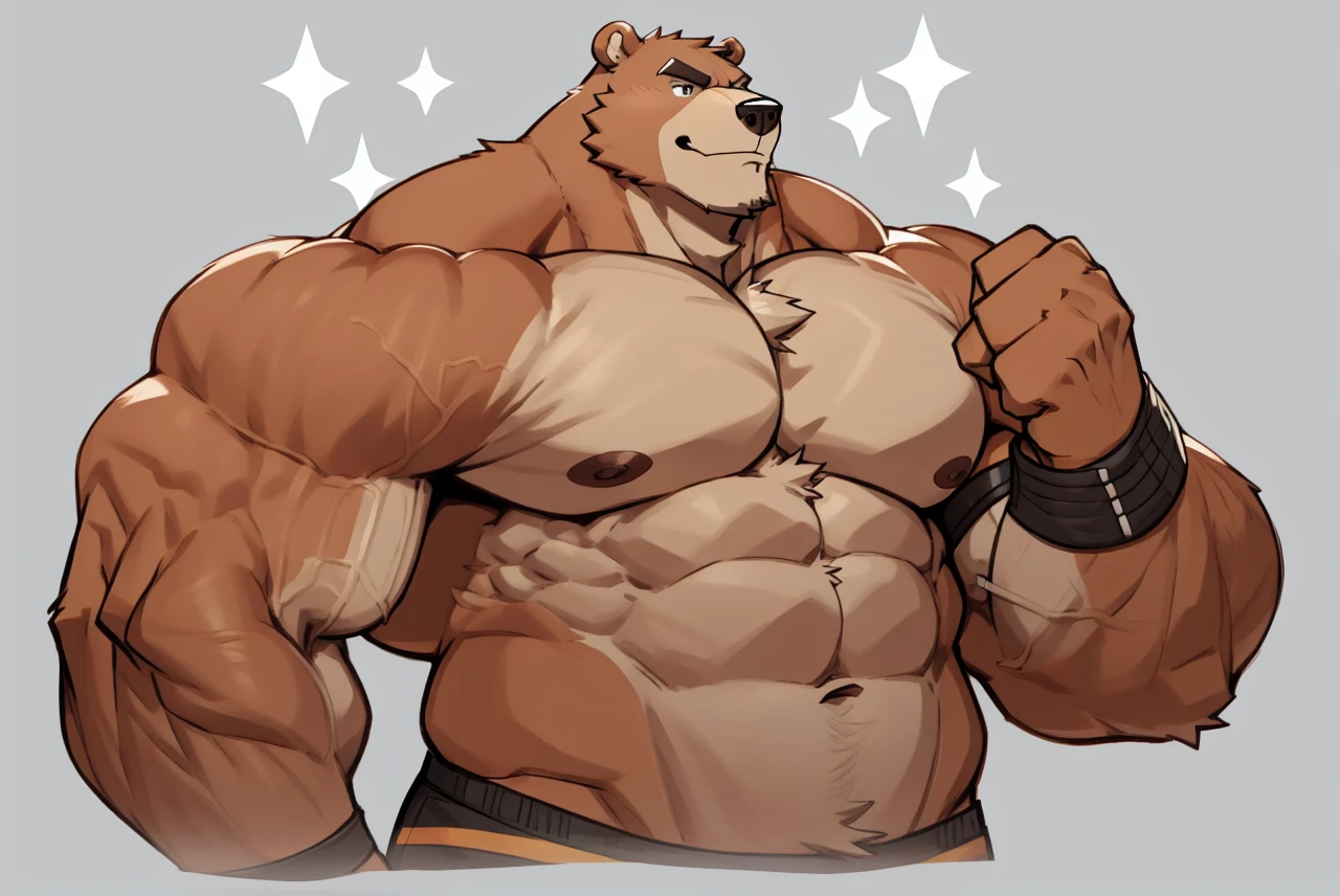 Huge muscular thick Bear bodybuilder shirtless in black gym shorts and wristbands flexing and posing at the mirror looking at his muscles pumped.