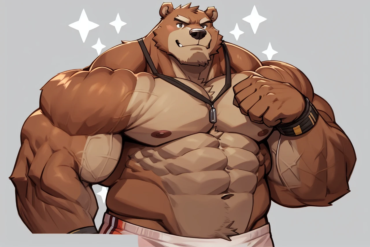 Huge muscular thick Bear bodybuilder shirtless in black gym shorts and wristbands flexing and posing at the mirror looking at his muscles pumped.
