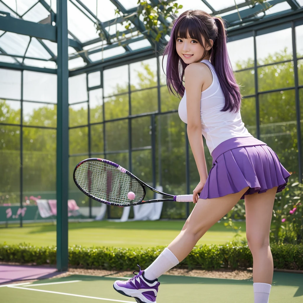 blush、Purple socks with hair blowing in the wind、Tennis shoes、mini skirt、Tennis Wear、Tennis game with racket、Tennis court、best quality, masterpiece, 1girl, 独奏, extremely detailed eyes and face, eyes with beautiful details,smile, long hair, purple hair, blunt bangs, purple eyes, large breasts, aafern, Inside a glass-walled greenhouse, blurry background,