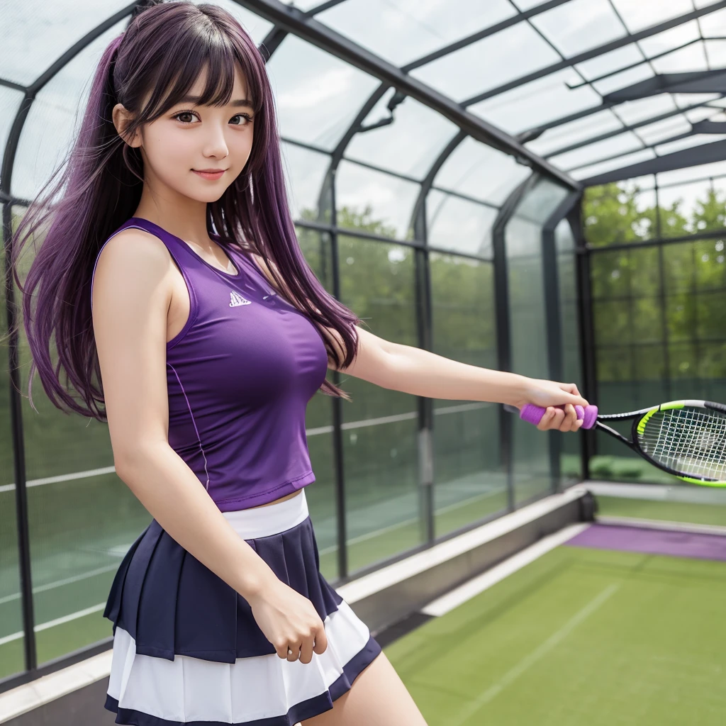 blush、Purple socks with hair blowing in the wind、Tennis shoes、mini skirt、Tennis Wear、Tennis game with racket、Tennis court、best quality, masterpiece, 1girl, 独奏, extremely detailed eyes and face, eyes with beautiful details,smile, long hair, purple hair, blunt bangs, purple eyes, large breasts, aafern, Inside a glass-walled greenhouse, blurry background,