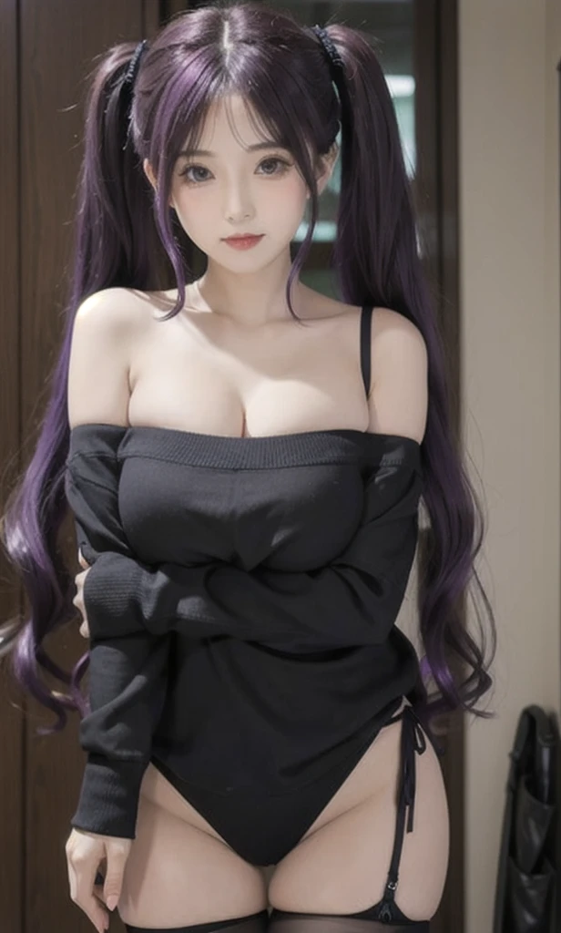 Purple Hair、Twin tails、Absolute area、Black Knee High、Big Breasts、panties、