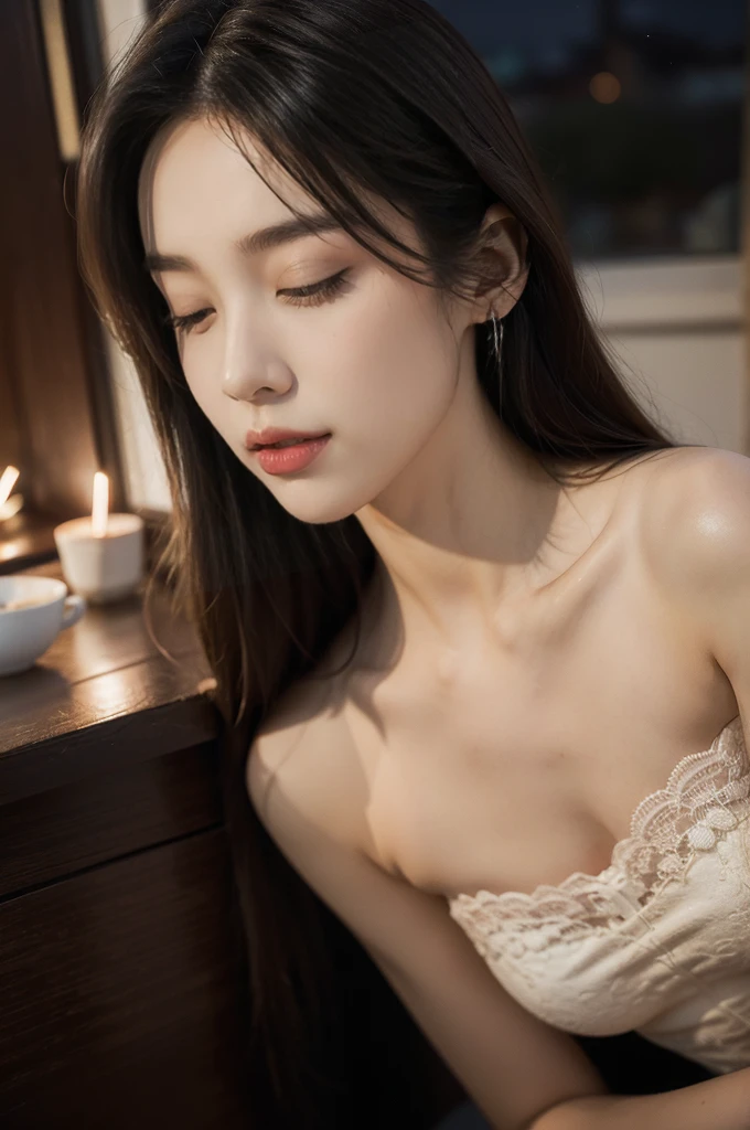 (((best quality))),(((ultra detailed))),(((masterpiece))),illustration,((1 beautiful young girl,solo,)),((slim,thin)),((small breasts,flat chest)),(shoulder length straight bob hair:1.2),(round face:1.2),delicate, sitting on the chair beside the dining table,(strapless lace bra:1.3),luxurious, exquisite, smooth skin, delicate facial features, pouted lips, doll-like appearance,(a cup of coffee:1.3), blinking,((close eyes,open mouth,female orgasmic,blush,ahegao, tongue sticking out)), exhaling, soft light, warm glow, pitch-black kitchen, dim light, eerie atmosphere, mysterious, soft hum, air conditioner, ticking clock, tranquil, ominous, otherworldly feel,darkness, loneliness, unaware, world outside,(from front,close-up of face),(night scene:1.5)