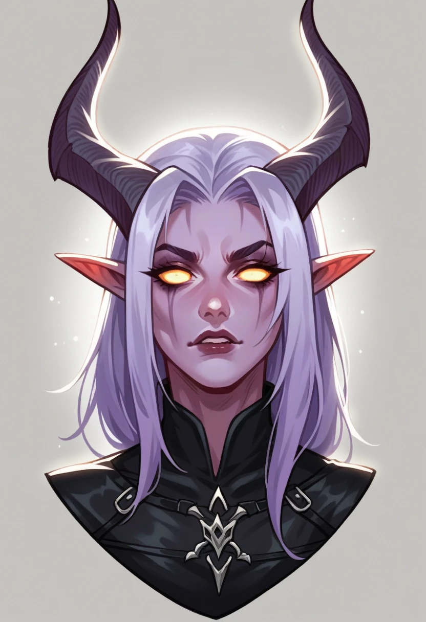 rogue tiefling, hired assassin, light purple hair, fair skin slightly purple, no muscles, slim figure, demonic horns, pointed ears, black leather outfit, sharp daggers, stealthy movements, mysterious aura, cinematic lighting, dramatic shadows, fantasy atmosphere, dark color palette,