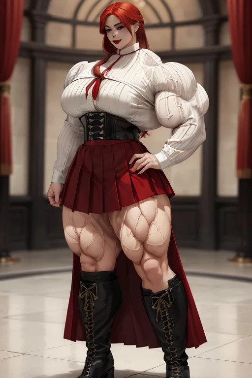 ((((Massive tall, beautiful, buff, pale white skinned muscular asian woman with red hair, black lipstick, ginormous bulky muscles and wearing a red long sleeve pleated shirt with beautiful long pleated skirt)))), (close view), (massive muscles), long hair, ((chained belt)), yellow eyes, choker, ((red long sleeve pleated shirt and tie)), neck tie, ((beautiful long pleated skirt)), belt, thigh high socks, black boots, (in Hogwarts), closed smile, night, massive muscles