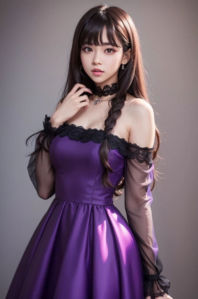 A BTS fan, Christian, with a purple dress, light skin and dark hair and eyes 