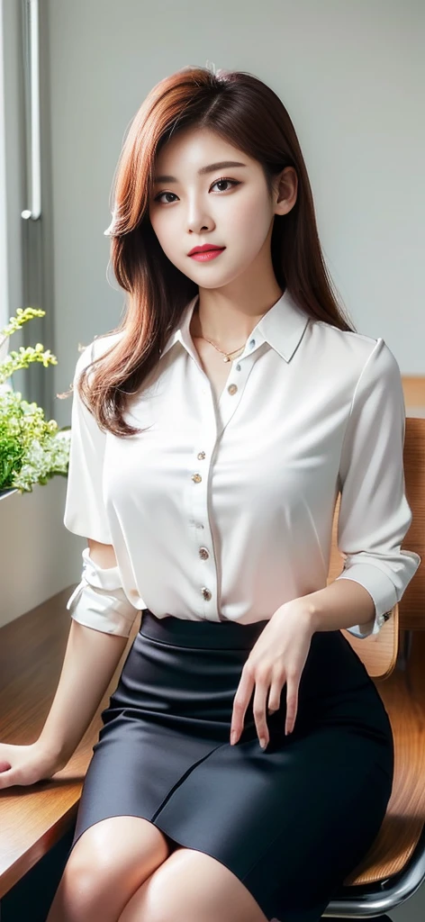 arafed woman sitting on a chair in a white shirt and black skirt, Wearing a blouse, Office Clothes, Wear a shirt, 白いWear a shirt, Korean Girls, wearing a White blouse, Korean women, 白いWear a shirt, Open shirt, Quality white shirt, 白いWear a shirt, Businesswoman, タイトなWear a shirtいる, White blouse, Business Attire