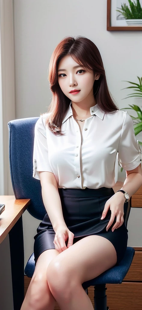 arafed woman sitting on a chair in a white shirt and black skirt, Wearing a blouse, Office Clothes, Wear a shirt, 白いWear a shirt, Korean Girls, wearing a White blouse, Korean women, 白いWear a shirt, Open shirt, Quality white shirt, 白いWear a shirt, Businesswoman, タイトなWear a shirtいる, White blouse, Business Attire