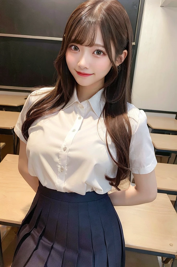 ((1 girl)), ((Best Quality)), ((Ultra-detailed)), ((High resolution)), (8K Wallpaper), ((Perfect dynamic composition)), Realistic, Indoors, In the classroom, A blackboard and some tables, ((Cinematic lighting)), Solo, Cowboy shot, Japanese girl, Wavy long hair, Bangs, Brown hair, ((Beautiful detailed eyes)), , (Dress shirt:1.4), White shirt, ((Large breasts)), Short sleeve, Navy pleated skirt, Short skirt, Standing, Seductive pose, Smile, (Looking at viewer)