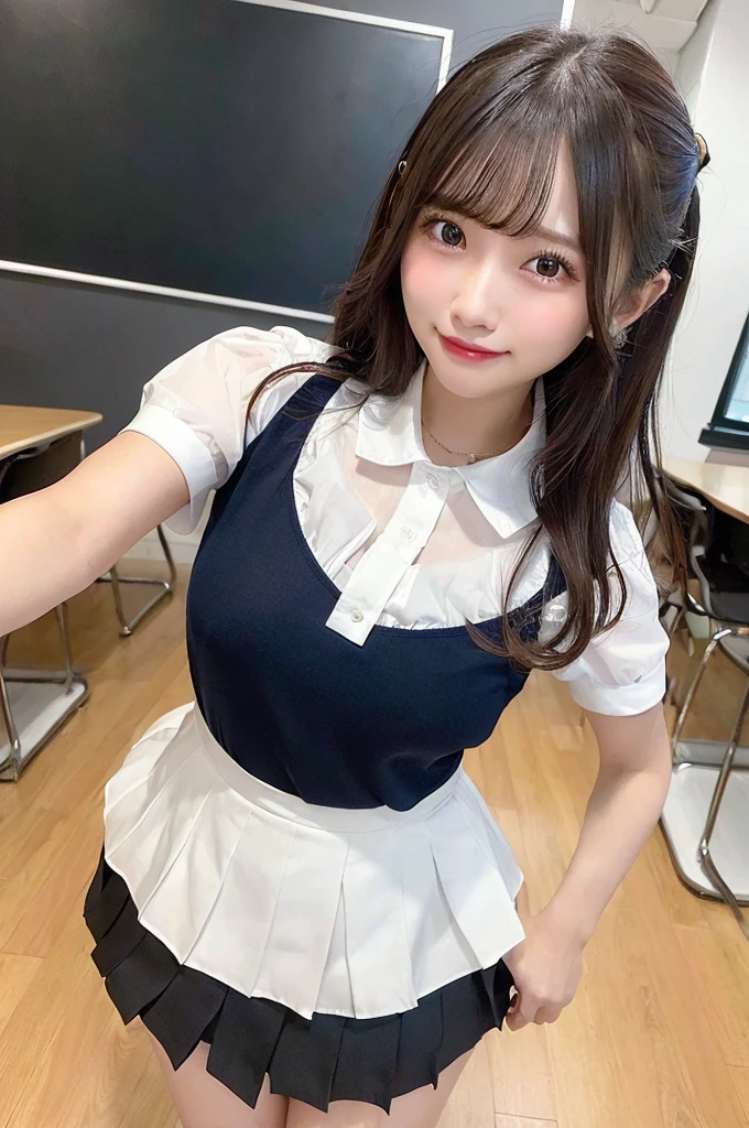 (8k, RAW photo, best quality, masterpiece, ultra detailed, beautiful:1.2), (realistic, photo-realistic:1.5), sharp focus, depth of field, blur background, bokeh, soft light, close up,
1 Japanese idol with fake glasses, 18 years old, (extremely detailed face, extremely detailed brown eyes with highlight), random stylish fake glasses, (detailed deep black hair), (detailed pale skin, skin texture), naughty smile, looking at viewer, (waitress outfit, black apron: 1.2), (leaning forward, spread legs, panty lift: 1.2), big breasts, half undress, sexy pose, sexy body, cafe