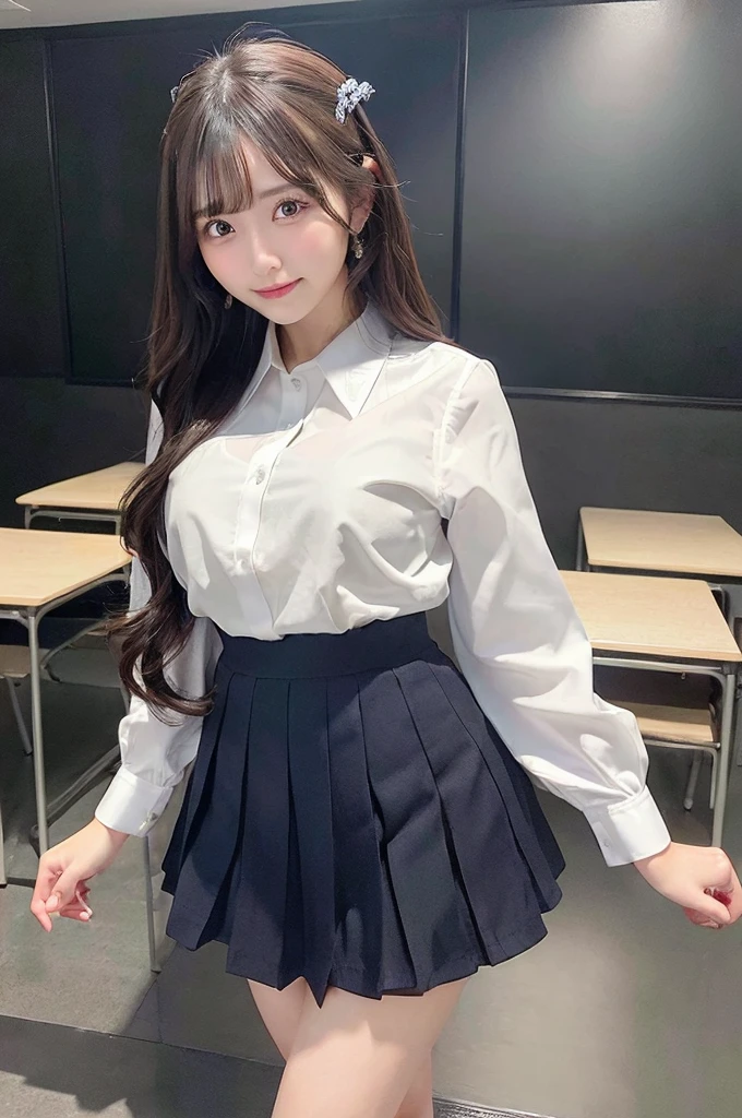 ((1 girl)), ((Best Quality)), ((Ultra-detailed)), ((High resolution)), (8K Wallpaper), ((Perfect dynamic composition)), Realistic, Indoors, In the classroom, A blackboard and some tables, ((Cinematic lighting)), Solo, Cowboy shot, Japanese girl, Wavy long hair, Bangs, Brown hair, ((Beautiful detailed eyes)), , (Dress shirt:1.4), White shirt, ((Large breasts)), Short sleeve, Navy pleated skirt, Short skirt, Standing, Seductive pose, Smile, (Looking at viewer)