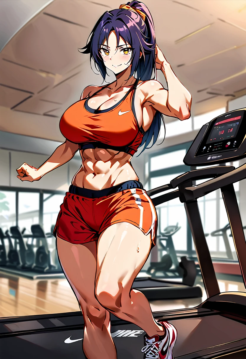 gym,yoruichi shihouin, sport shorts, sport topic,large breats,nike sneakers,sexy,fullbody, rubning on treadmill,sweats,abs,smiling, looking at viewer 