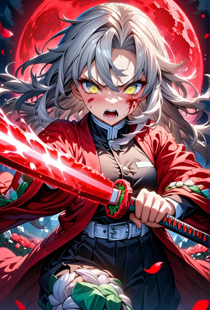 Ultra detailed, highres, absurdres, HDR, master piece, anime girl, pretty woman, white long hair with red streaks, expressive yellow eyes, red haori with patters of blood, black demon slayer uniform, Kimetsu No Yaiba, fantasy, petals, red flowers, pretty, woman grabbing a sword, solo, magic, shining red blood details, red moon, best quality, extremely detailed face and eyes, blood, grabbing a sword, fighting, feral face expression, red kami katana with gray tsuba