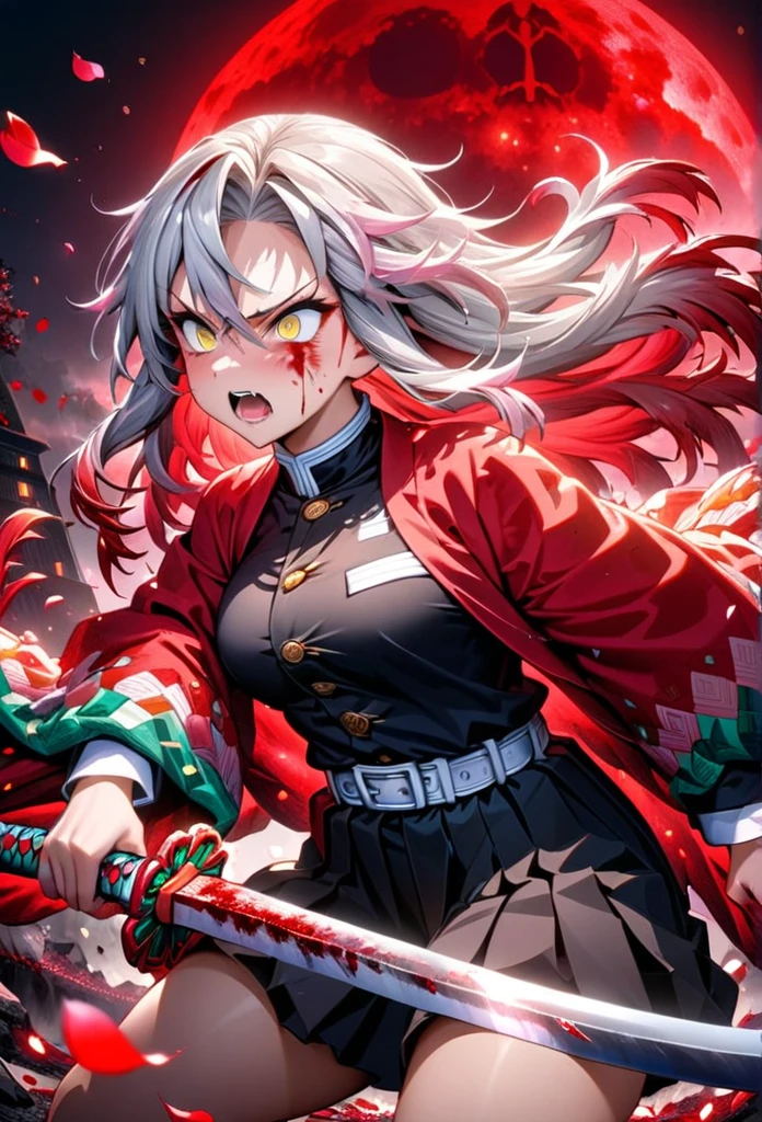 Ultra detailed, highres, absurdres, HDR, master piece, anime girl, pretty woman, white long hair with red streaks, expressive yellow eyes, red haori with patters of blood, black demon slayer uniform, Kimetsu No Yaiba, fantasy, petals, red flowers, pretty, woman grabbing a sword, solo, magic, shining red blood details, red moon, best quality, extremely detailed face and eyes, blood, grabbing a sword, fighting, feral face expression, red kami katana with gray tsuba