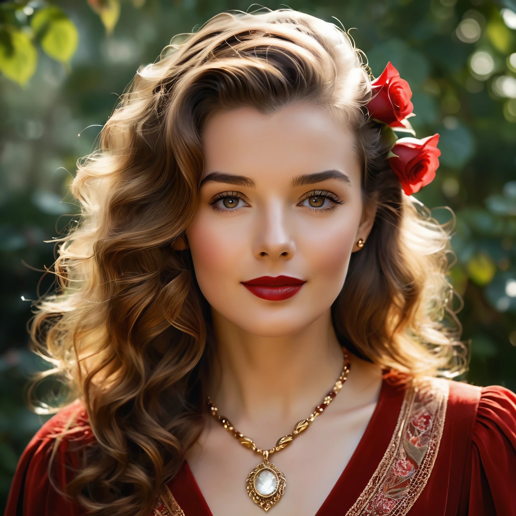 Create a highly detailed and realistic portrait of a young Katherine Hepburn with long, wavy brown hair adorned with red roses. She has striking, expressive eyes and a calm, composed expression. She is wearing a vintage-style outfit with a necklace featuring a pendant. The background is a soft-focus natural setting with warm, dappled sunlight filtering through the leaves, enhancing the serene and romantic atmosphere. The style should be hyper-realistic with a touch of romanticism. Photo Realistic photo, vibrant colors, 16k