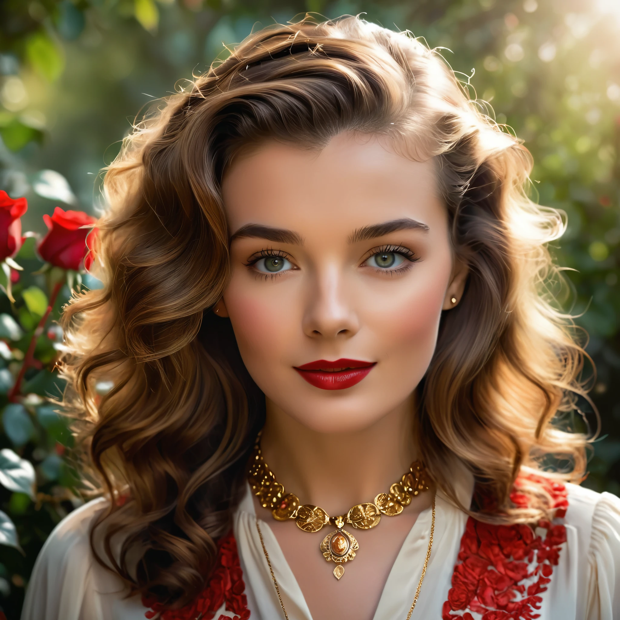 Create a highly detailed and realistic portrait of a young Katherine Hepburn with long, wavy brown hair adorned with red roses. She has striking, expressive eyes and a calm, composed expression. She is wearing a vintage-style outfit with a necklace featuring a pendant. The background is a soft-focus natural setting with warm, dappled sunlight filtering through the leaves, enhancing the serene and romantic atmosphere. The style should be hyper-realistic with a touch of romanticism. Photo Realistic photo, vibrant colors, 16k