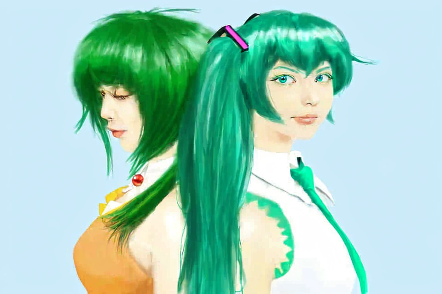 ((Masterpiece)), (best quality), (very detailed), ((very detailed)), 4k, (8k),2 girl,Hatsune Miku,Gumi,Japanese girl,Blue hair color White sleeveless shirt and blue tie,green hair color and orange dress with red round jewel necklace