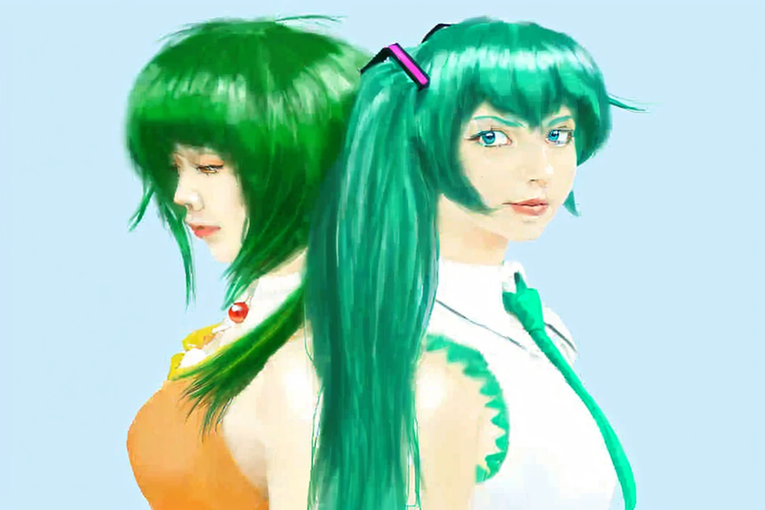 ((Masterpiece)), (best quality), (very detailed), ((very detailed)), 4k, (8k),2 girl,Hatsune Miku,Gumi,Japanese girl,Blue hair color White sleeveless shirt and blue tie,green hair color and orange dress with red round jewel necklace