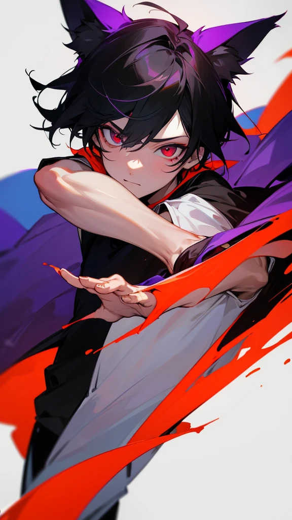 A boy with white and black hair, fair skin and red right eye, and the left one in purple and with fox ears