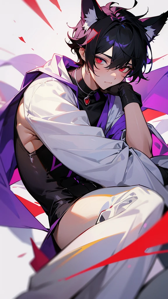 A boy with white and black hair, fair skin and red right eye, and the left one in purple and with fox ears