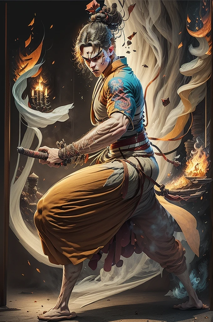 ((best quality)), ((artwork)), (detailded), (8k resolution), adult man, experienced swordsman, Large katana rich in details, red marks on the face, Red neon aura, flames in the background, white  kimono, Hair a little dark, , color scheme, pensive stillness, background with flames, Intricate details, photographic realism, fully body.