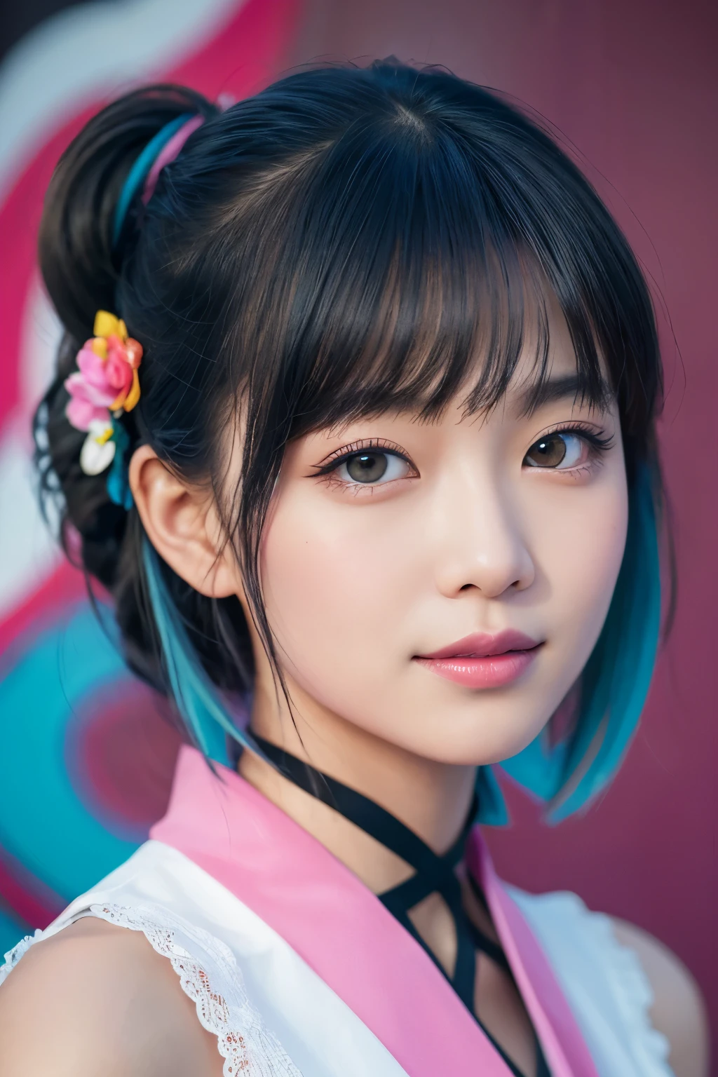 high quality, High resolution, masterpiece, completion, detailed.impressive, Cutting-edge female photography portraits, Showcasing a bold and daring street-art style. Facing forward、A gentle smile、Soft look, cyan, and purple, Her vibrant makeup really catches the eye.. Her colorful hair is tied up high, Blue and pink hues in harmony. 背景には蛍光クロムイエローand purpleの魅惑的なグラデーションが施されています, Blends seamlessly with the dynamic colors of your subject. This powerful combination of hyper-detailed realism and artistic expression creates a vivid, An unforgettable image. The New York Times background adds sophistication and depth.
