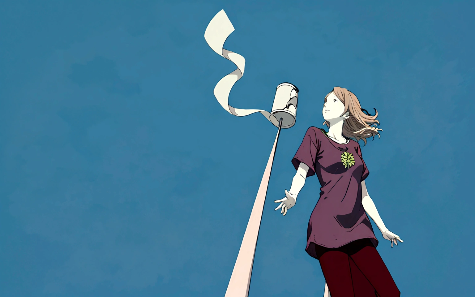 There is a woman flying a kite in the sky, an figure of inspired by Yuko Shimizu, tumbler, Digital Art, a girl floating in a flower field, The wind ruffles her shirt, Floating, an figure, cover figure, dreamy figure, 彼女は空中にFloating, figure!, Girl Cloud, Hair swaying in the wind, digital figure