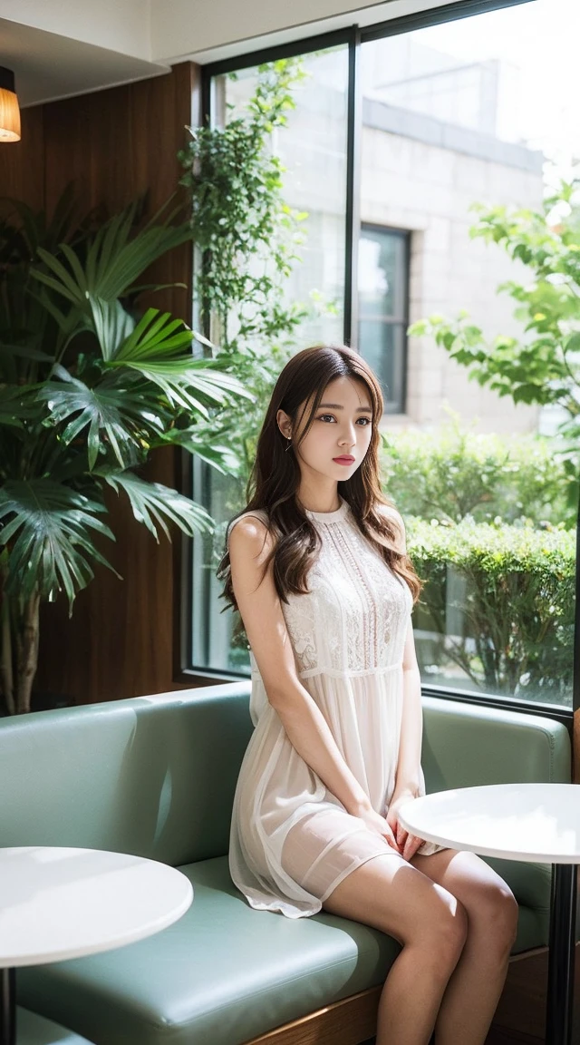 Dark brown hair、Light brown eyes、Japanese actress、 Lady、I am about 40 years old..、(Intricate details:1.2)、(Which one is on top??:1.4)、 (Ultra-high resolution:1.2)、Ultra-high resolution、(Finely tuned)、(Detailed facial features)、Hmph、8K resolution、D cup size breasts、Long Hair、A terrace cafe facing a bright street with sunlight streaming in.、Large windows、Extravagant space、relax、、,Full body photo、Head to toe shot、Beautiful legs、Transparent Chiffon Dress、Beautiful legs、A refreshing terrace cafe with sunlight streaming in、she, (plant:0.8), Fashion Hub, Extreme Detail, Very detailed, Realistic, Hourglass-shaped body, Obscene pose,、、私 cry a lot、tears、person on the left、White wall、White floor、White chair、Cafe table、diagonally from below、Please lift your chin、Lean your back in the chair、Morning at the cafe、relaxした表情、Pose of Weakness、