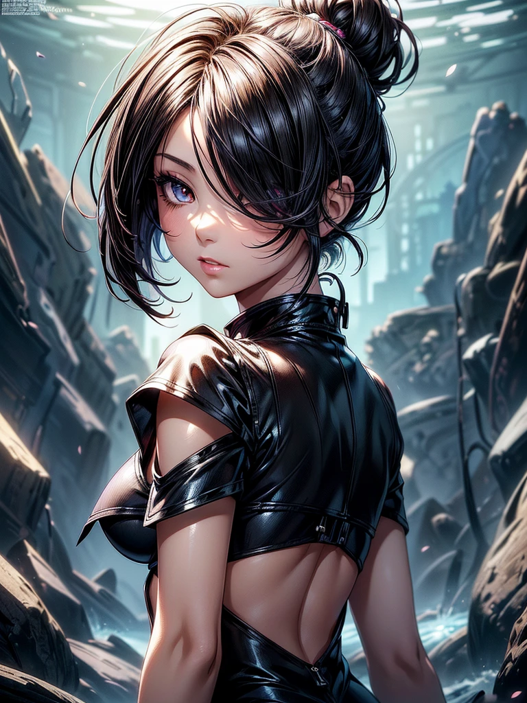 hyper-detailed art, dungeon background, connie maheswaran, wrist bandage, metal collar, Cel-shaded, ultra-quality, 5d, masterpiece, 8k, High resolution, ultra-detailed face, ultra aesthetic, ultra absurdres, uhd, hdr}, strong , attractive, black leotard and fishnets, ultra-detail character, perfect hands, perfect physique, dynamic angle, dynamic pose, dynamic perspective, dynamic line of action, bright tone color palette,cool tones, sharp gradients, deep highlights, atmospheric shading, full body shot,