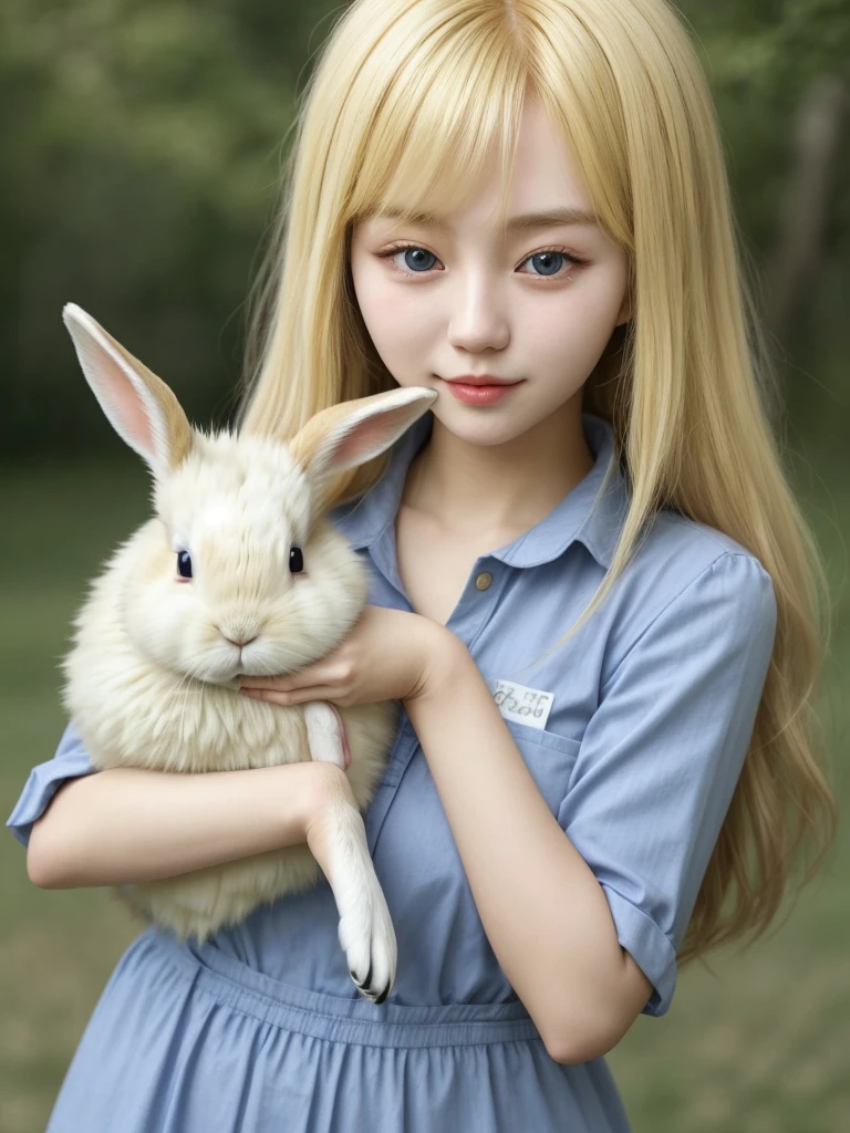 Korean blonde girl holding a rabbit 