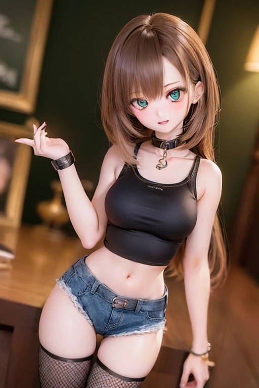 photorealistic, realistic photo, 8k, ((highest quality)), ((masterpiece)), (extremely detailed), kukolnydom, doll, (mature woman, 21yo, 21 years old, solo:1.6), ((cowboy shot, dynamic pose, slim, slender, skinny, medium breasts, hairband, bare nude, nipples, navel, vagina)), (green eyes, brown hair, long hair, plastic skin, looking at another, glass eyes, gradient eyes, shining eyes, detailed eyes:1.3)