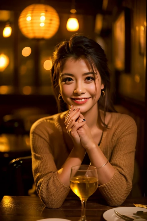 (Highest quality)((masterpiece)), (detailed)、One girl, sexy、A photograph of a woman sitting at a table in a dimly lit restaurant, captured from across the table. She is elegantly dressed, with a warm and inviting smile. The table is set with various items such as a wine glass, a plate with gourmet food, and a candle adding a soft, warm glow to the scene. The background features a dark, intimate restaurant ambiance with subtle lights and shadows, enhancing the cozy atmosphere. The lighting is soft and natural, highlighting the details of her features and the textures of the objects on the table. The overall composition should evoke a sense of intimacy and casual conversation in a sophisticated dining setting.
