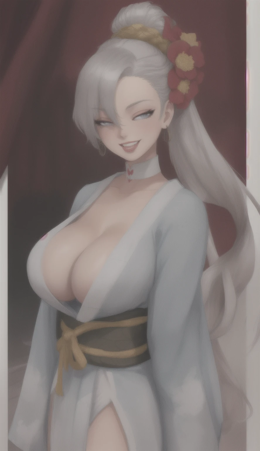 ((One personの女性)), Beautiful Face, (Laughing embarrassedly), (laugh:1.2),((Wink:1.7)), (head tilt:1.3), Laugh with your mouth wide open, Touching lips with fingers, upper teeth, looking down at viewer, ((Bright red cheeks:1.4)),Glossy Red Lips,rooftop, firework, Glossy red lips, Shining Face, ((Anime style background)),masterpiece, Highest quality, so beautiful,up to date, Complex details, (Pink long nails),(ring),(bracelet),(Floral choker),AI-generated, Complex,High resolution, Highest quality, super high quality,3D Images、3D Images,One person,Long white hair,High Ponytail, Anime woman posing for a photo,(blue eyes), ((Fine grain、Silvery white, lightly pigmented eyes、Shining Eyes:1.4)), (Squint your eyes:1.1),a hyperRealistic , hyperRealistic , Realistic,Anime woman with long white hair, Smooth anime CG art, A woman in a colorful kimono with gold embroidery, (Black long sleeve kimono),Red floral pattern,Long flower hair ornament,Earrings,Mature Body,(Big Breasts:1.1),Tall,Abdominal muscles,Tight waist,((breast focus:1.4)), (front view),
