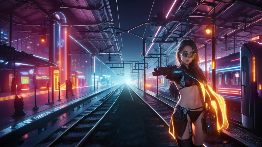 (((a medium-breast bikini slim GIRL with black (micro) sunglasses))), (((((aiming at viewer with a pistol))))), a balcony of a futuristic building, aerial view of an ultra-futuristic megalopolis, metal buildings and houses in dark colors from dark blue to black, shades of metal gray, smoky metal structures, industrial environment with smoke and fog around, dark cars on the streets, desert megalopolis, modern metal rails and trains passing through, tall futuristic metal buildings, ultra modern buildings, (((((railway station))))), realistic, detailed, sci-fi.

